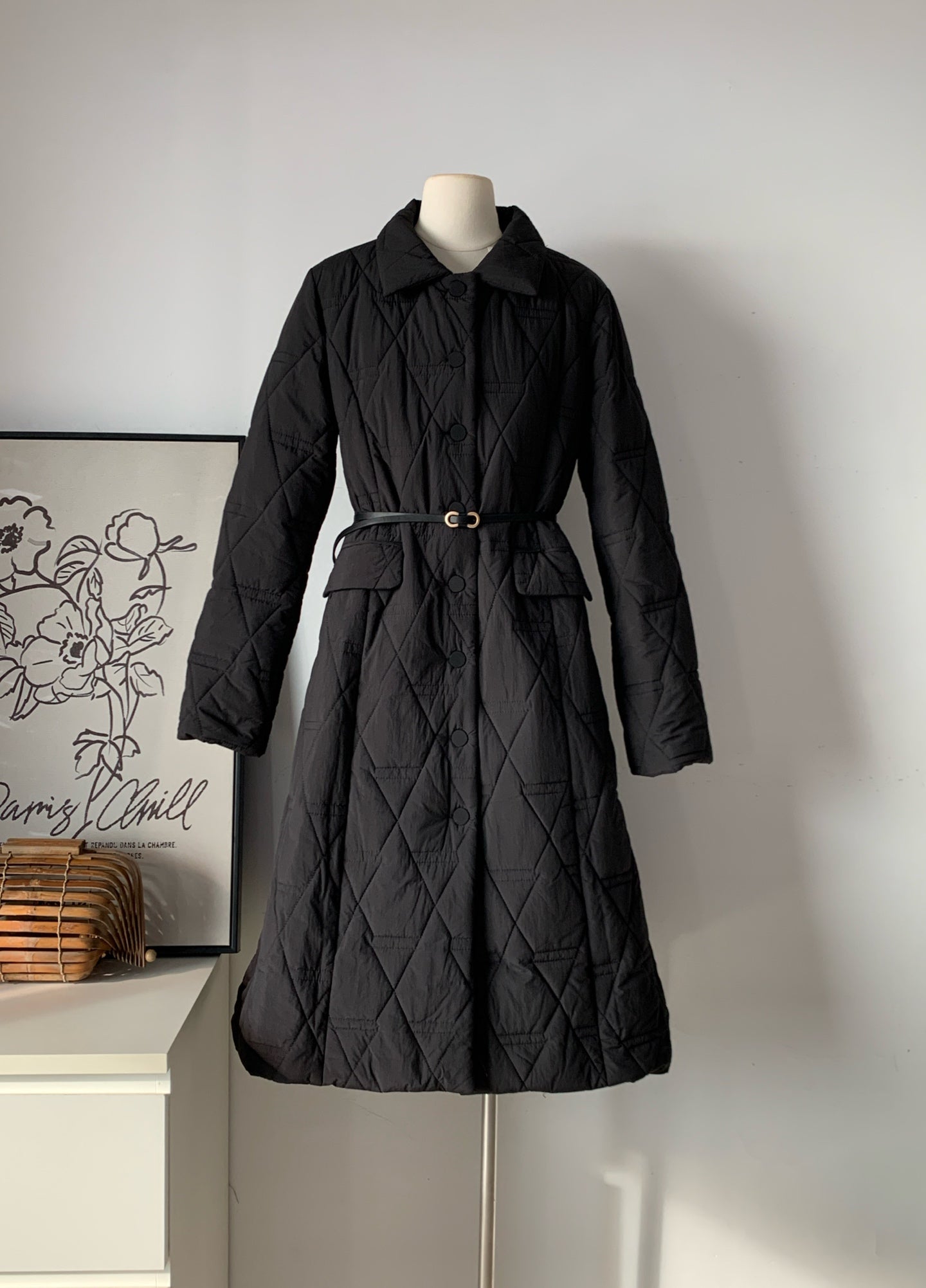 Women's Black Quilted Long Trench Coat with Belt