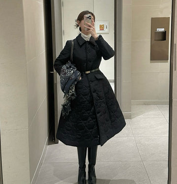 Women's Black Quilted Long Trench Coat with Belt