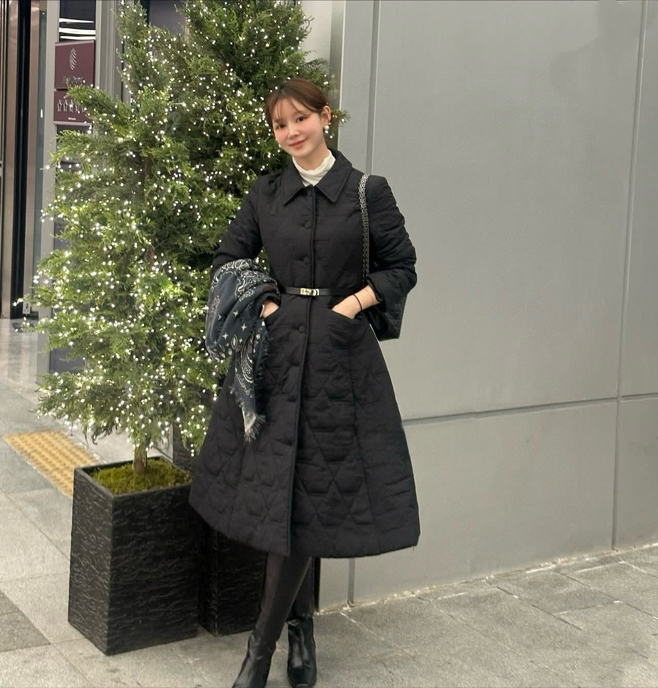 Women's Black Quilted Long Trench Coat with Belt