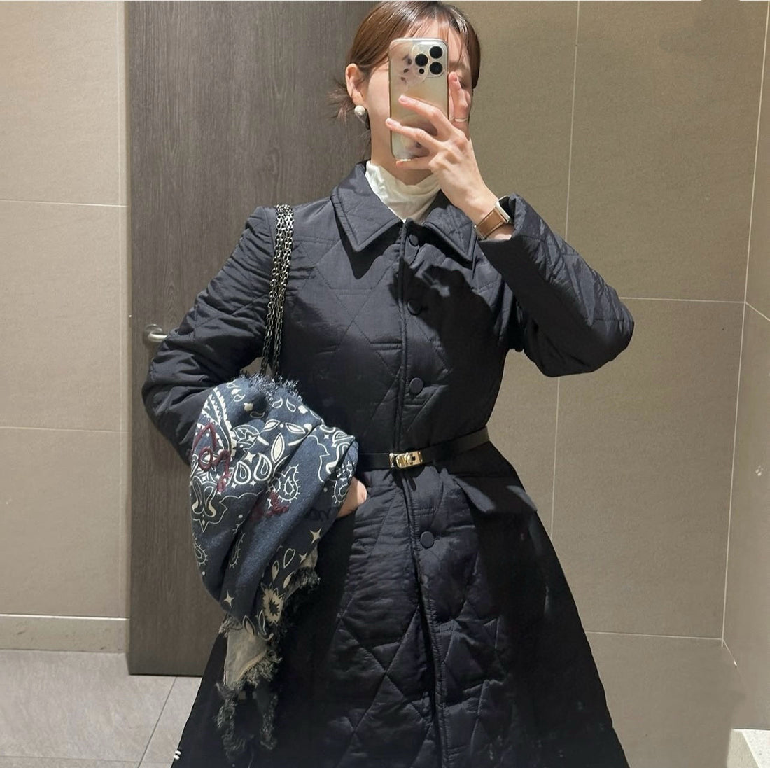 Women's Black Quilted Long Trench Coat with Belt