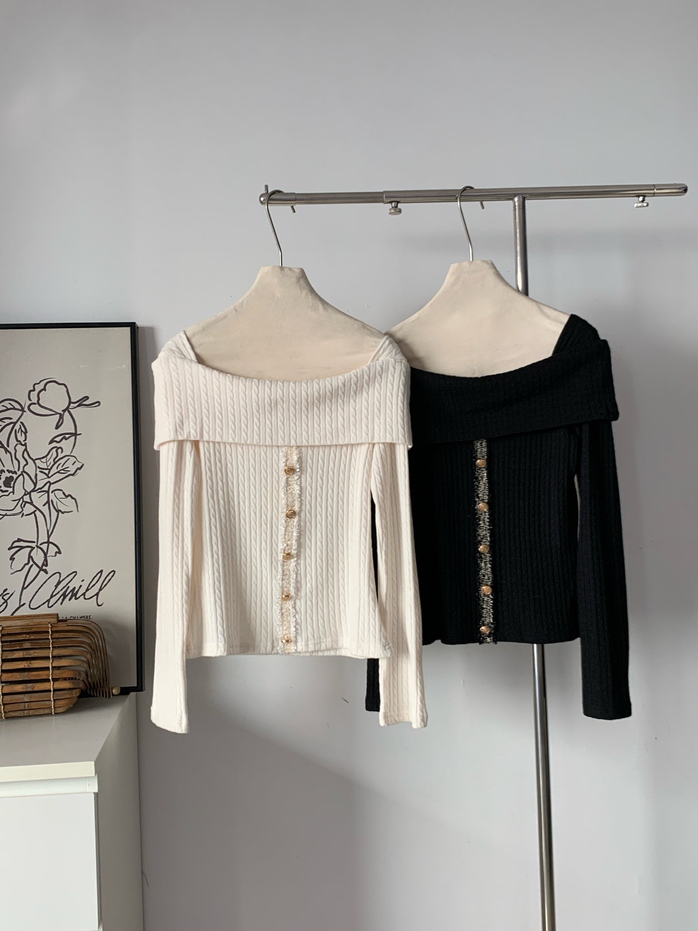 Women's Off-Shoulder Cable Knit Sweater with Button Detail (Two Color Options)