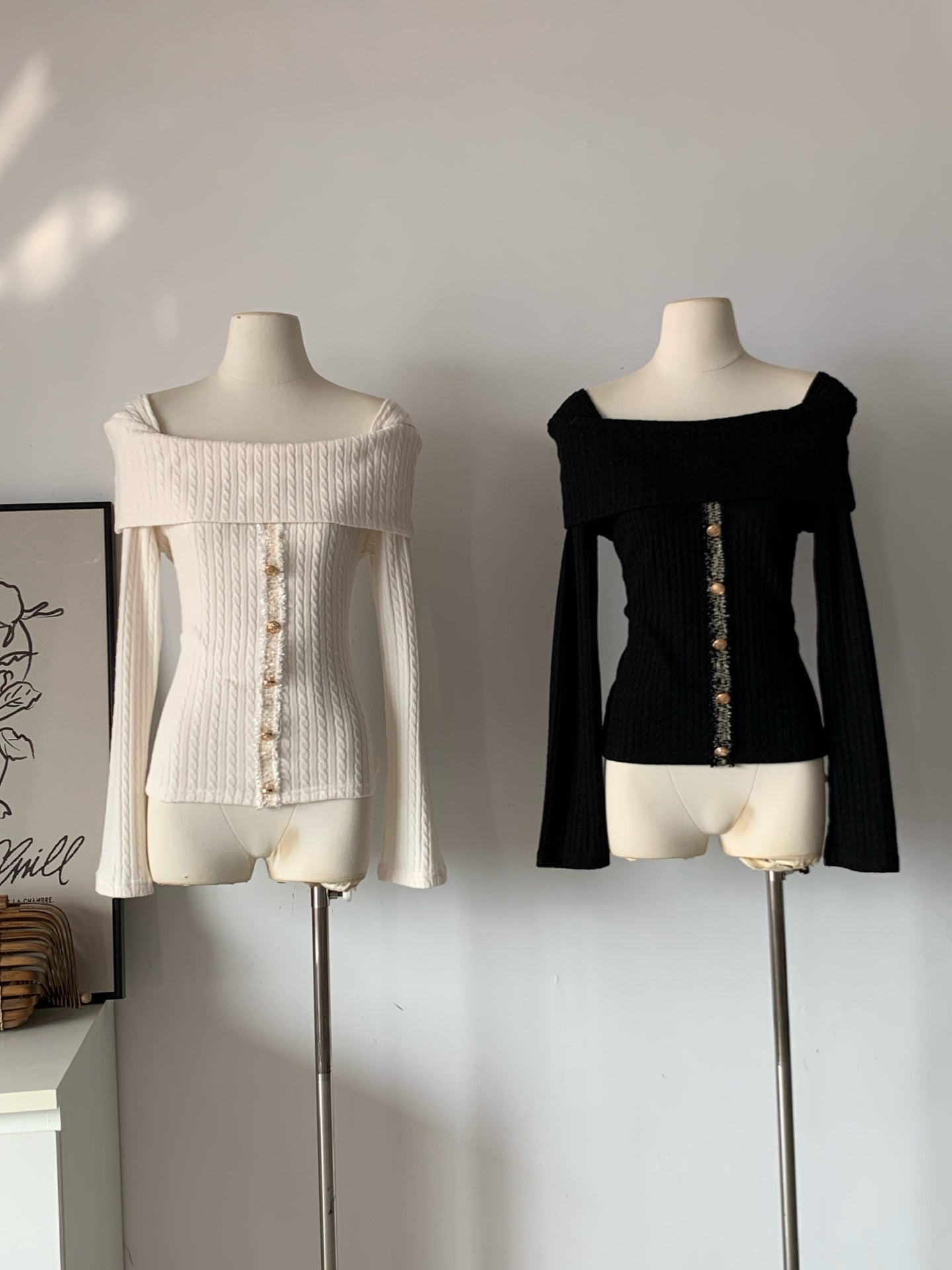 Women's Off-Shoulder Cable Knit Sweater with Button Detail (Two Color Options)