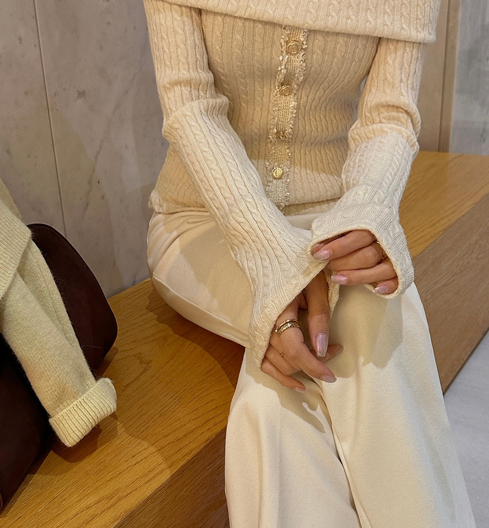 Women's Off-Shoulder Cable Knit Sweater with Button Detail (Two Color Options)