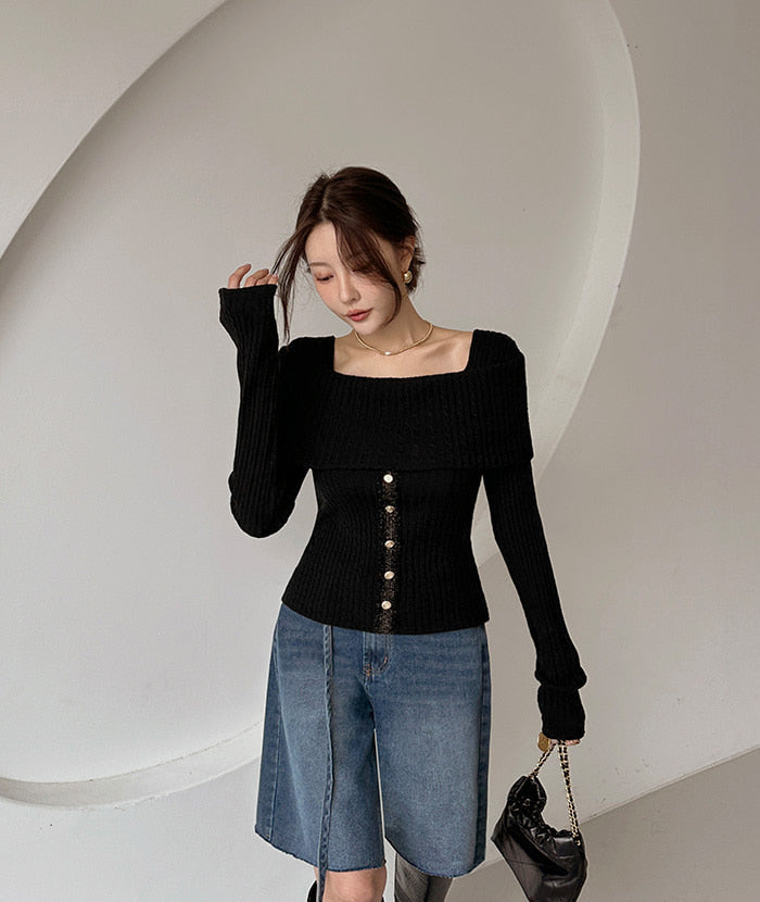 Women's Off-Shoulder Cable Knit Sweater with Button Detail (Two Color Options)