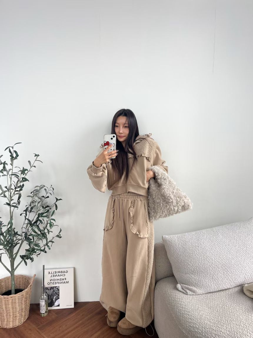 Women's Brushed Fleece Loungewear Set (Hooded Jacket + Wide-Leg Pants)