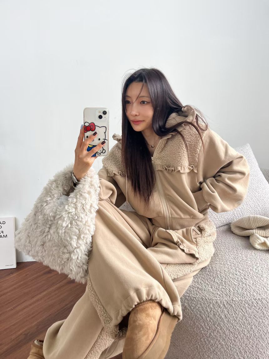 Women's Brushed Fleece Loungewear Set (Hooded Jacket + Wide-Leg Pants)