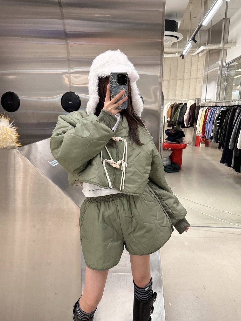 Women's Quilted Padded 2-Piece Set (Cropped Jacket + Shorts) with Sherpa Lining