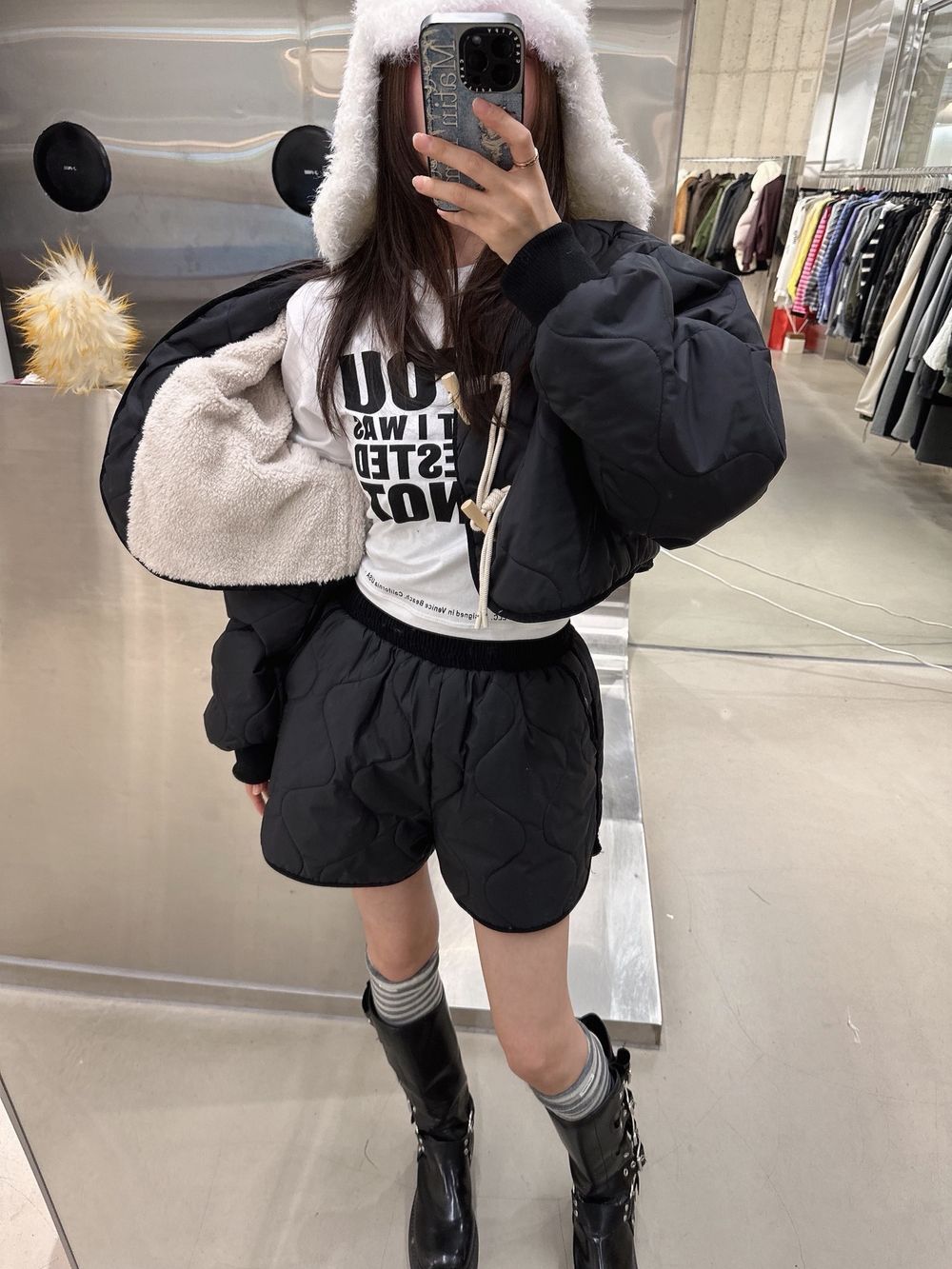 Women's Quilted Padded 2-Piece Set (Cropped Jacket + Shorts) with Sherpa Lining