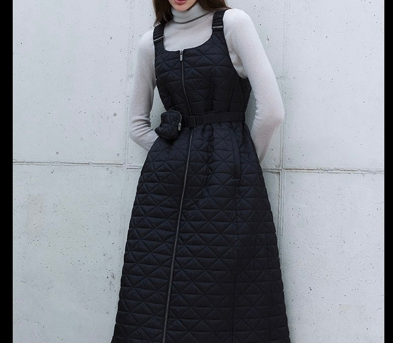 Women's Diamond Quilted Padded Sleeveless Midi Dress with Belt