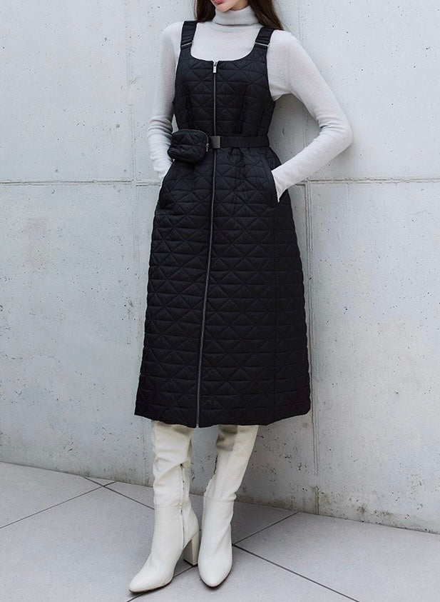 Women's Diamond Quilted Padded Sleeveless Midi Dress with Belt