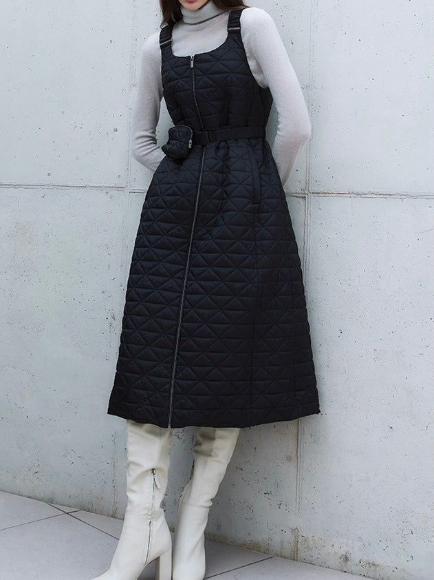 Women's Diamond Quilted Padded Sleeveless Midi Dress with Belt