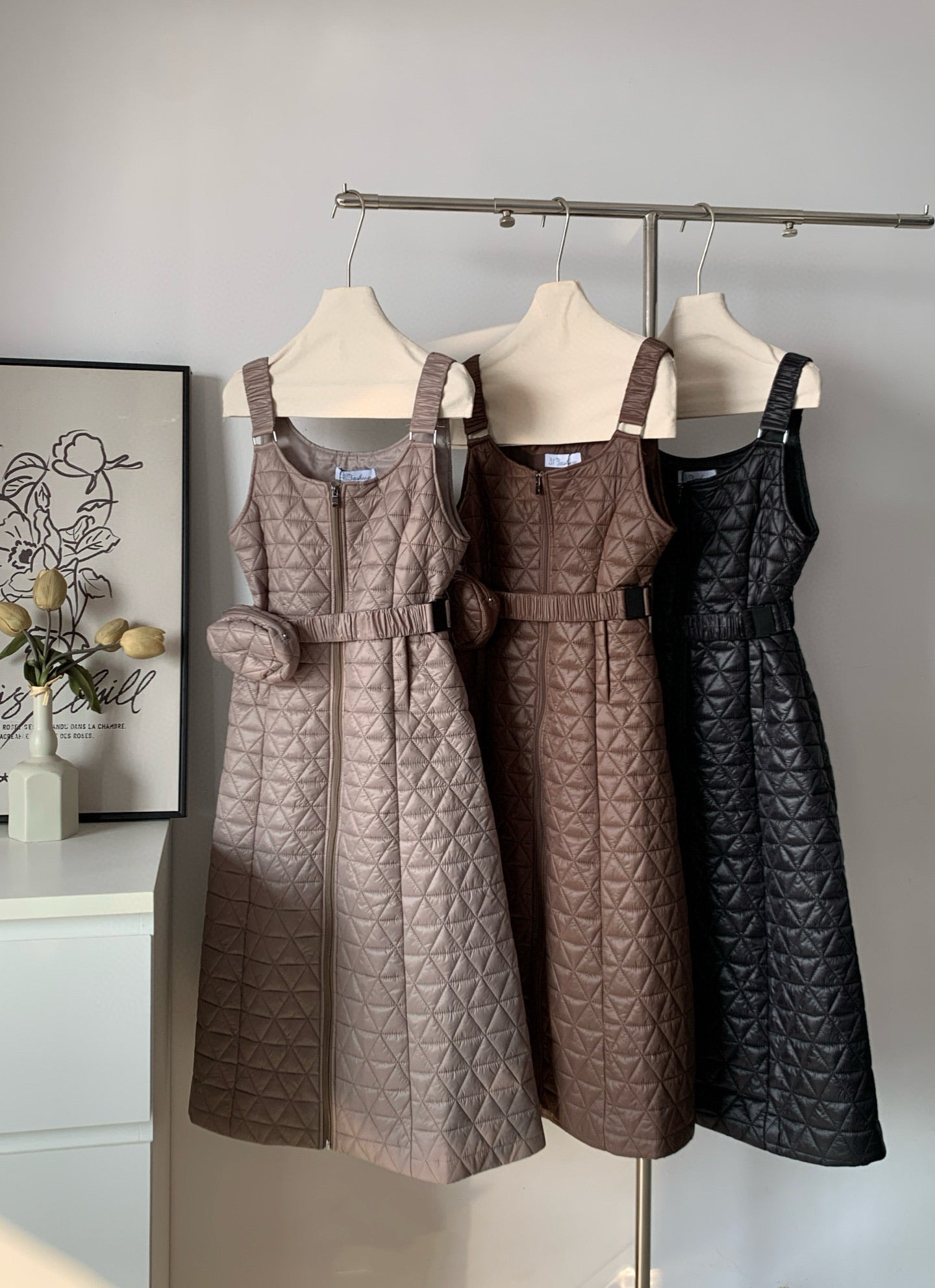 Women's Diamond Quilted Padded Sleeveless Midi Dress with Belt