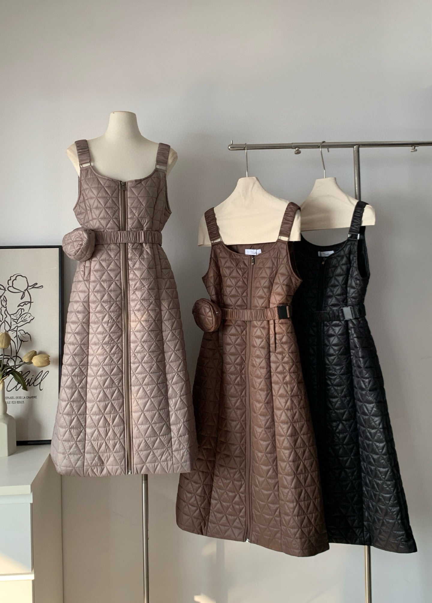 Women's Diamond Quilted Padded Sleeveless Midi Dress with Belt