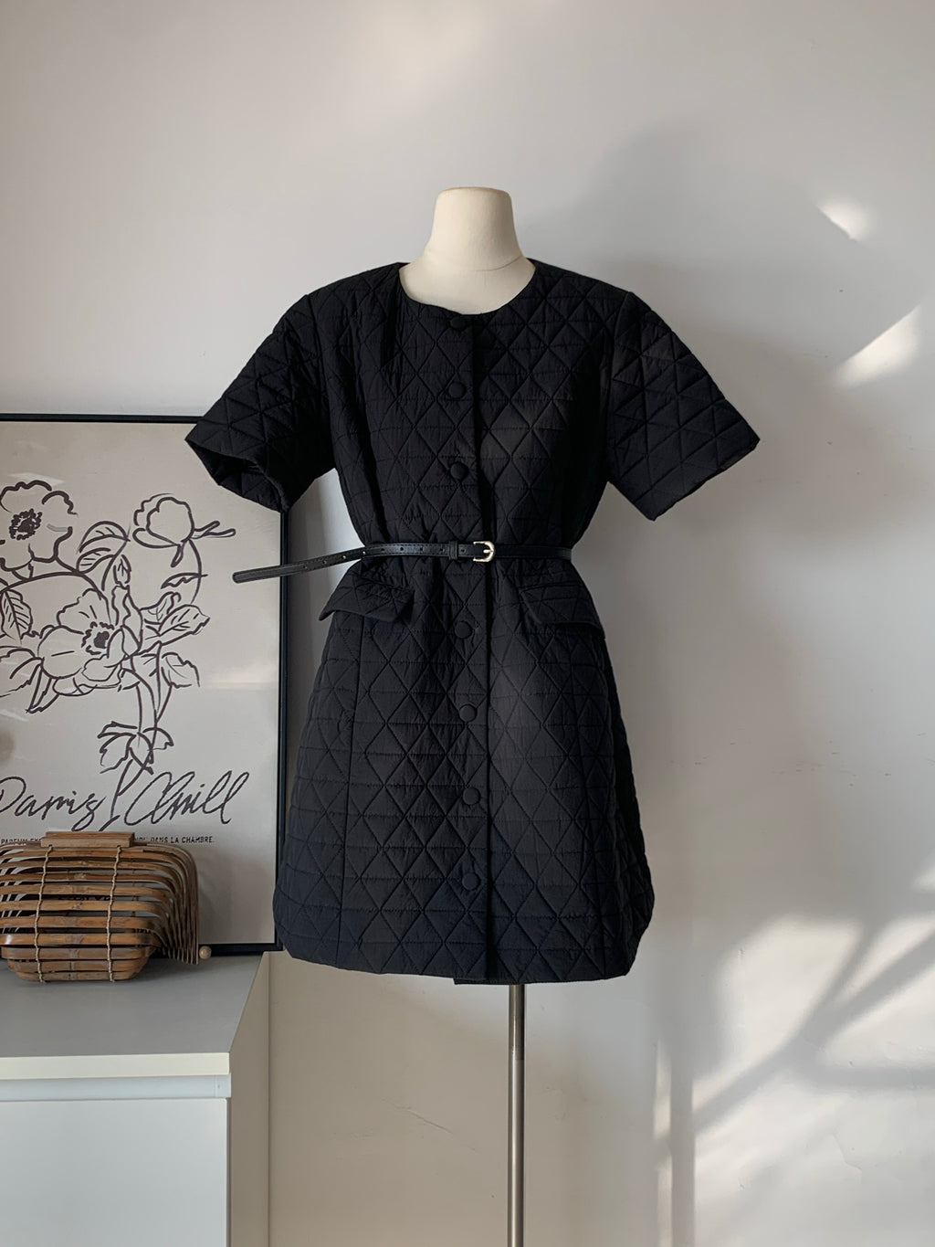 Women's Diamond Quilted Short Sleeve Mini Dress with Belt