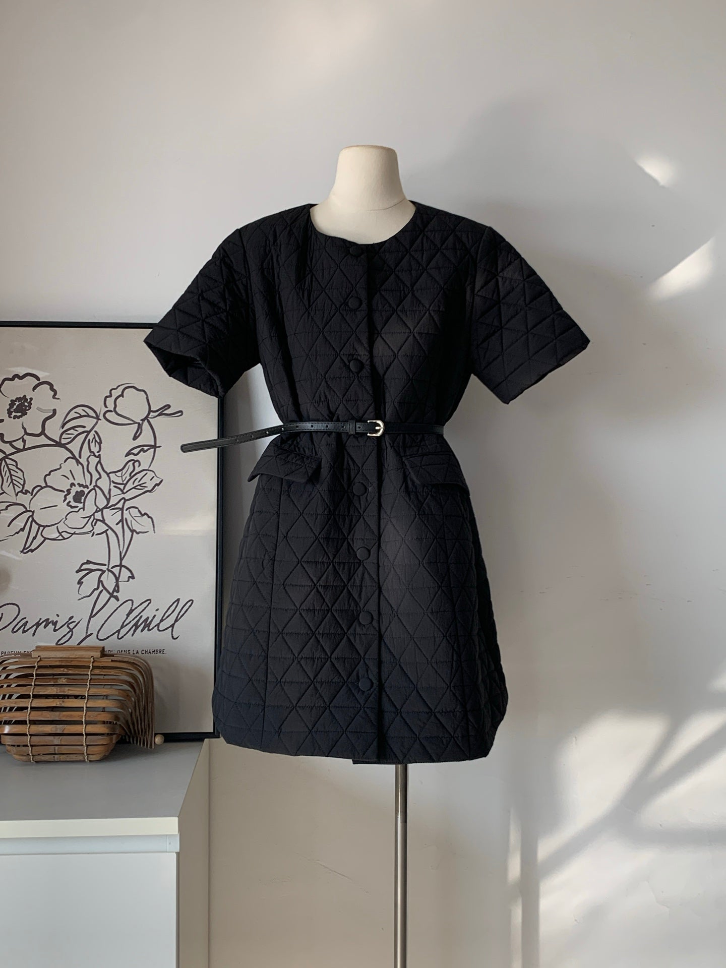 Women's Diamond Quilted Short Sleeve Mini Dress with Belt