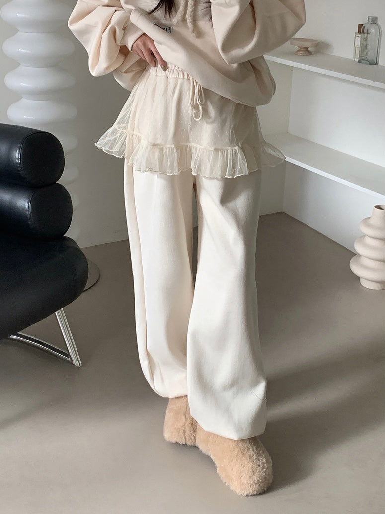Women's Brushed Fleece Sweatshirt Set with Ruffled Mesh Trim