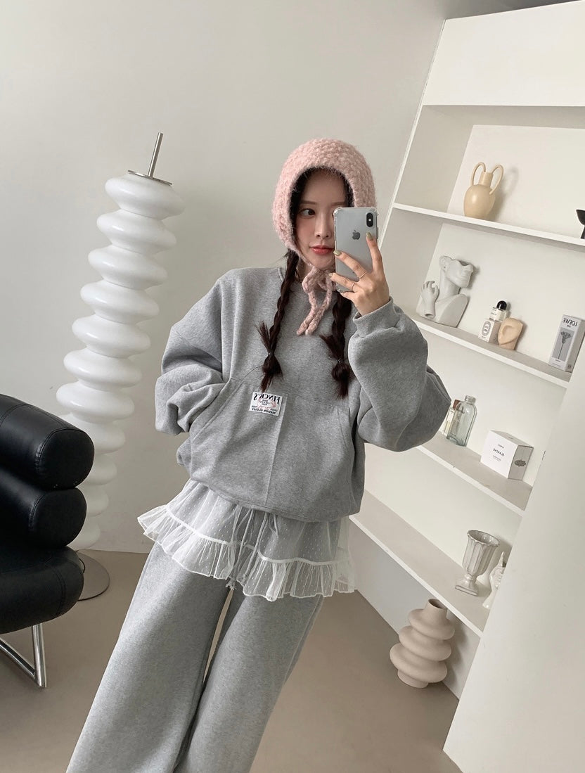 Women's Brushed Fleece Sweatshirt Set with Ruffled Mesh Trim