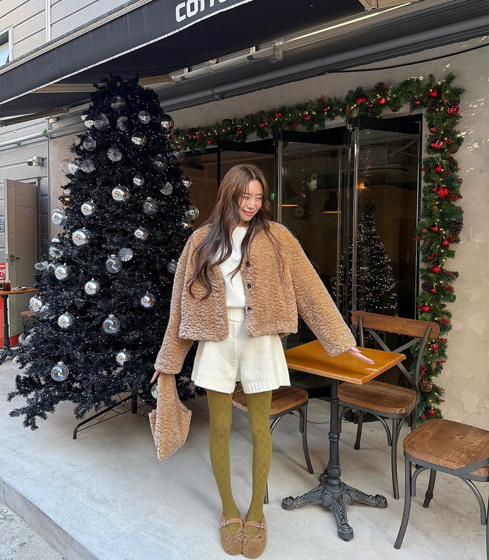 Women's Faux Shearling Cropped Cardigan with Matching Tote Bag