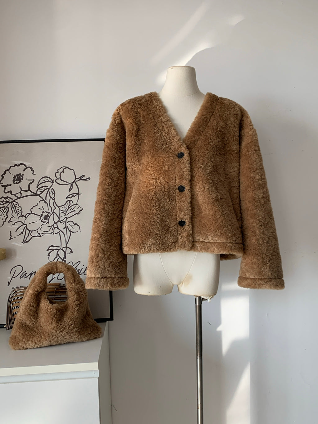Women's Faux Shearling Cropped Cardigan with Matching Tote Bag