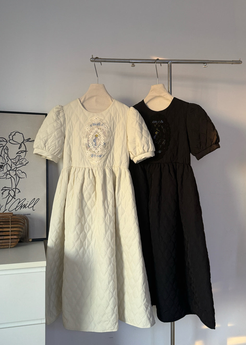 Women's Quilted Embroidered Puff Sleeve Maxi Dress