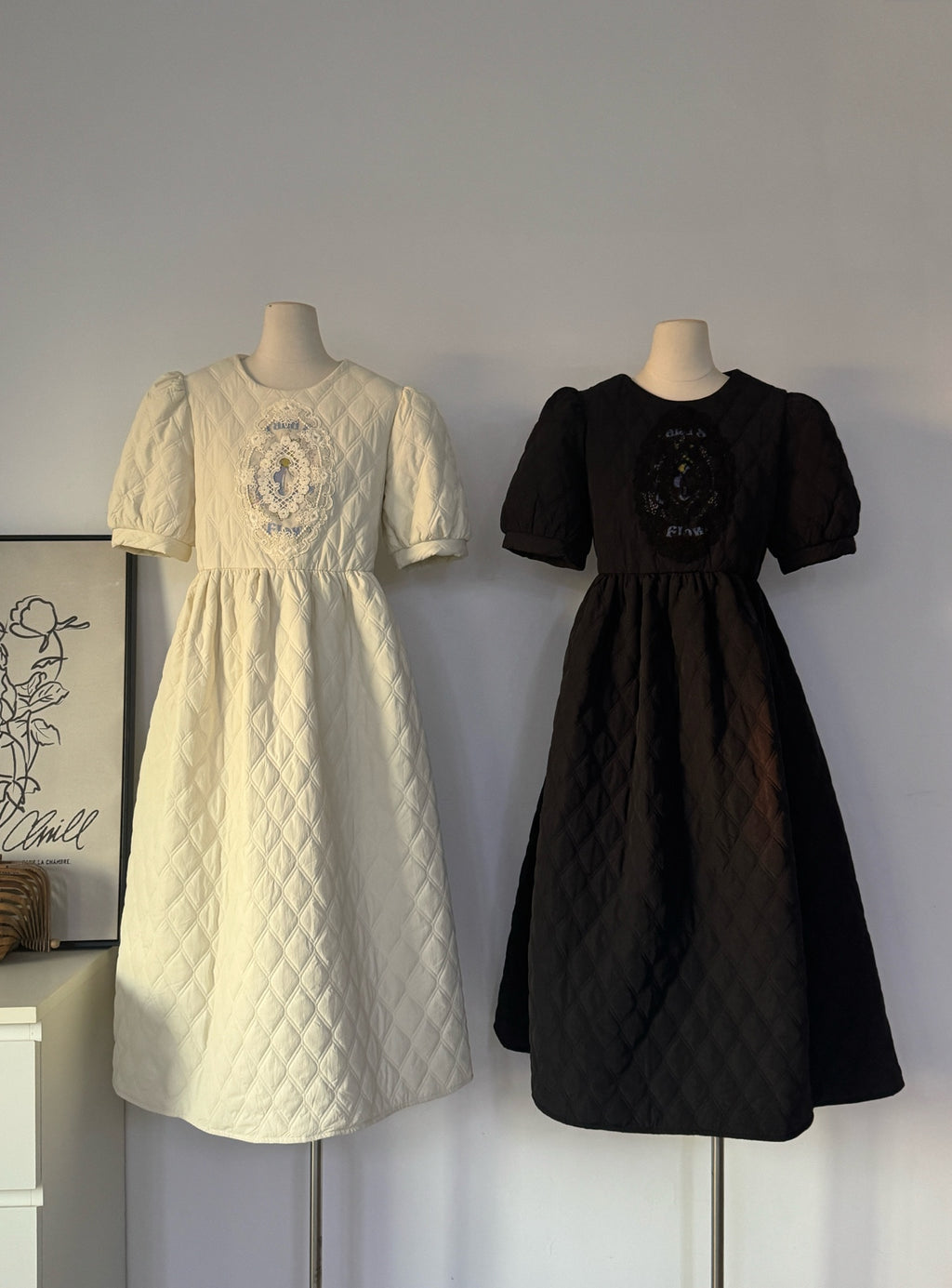 Women's Quilted Embroidered Puff Sleeve Maxi Dress