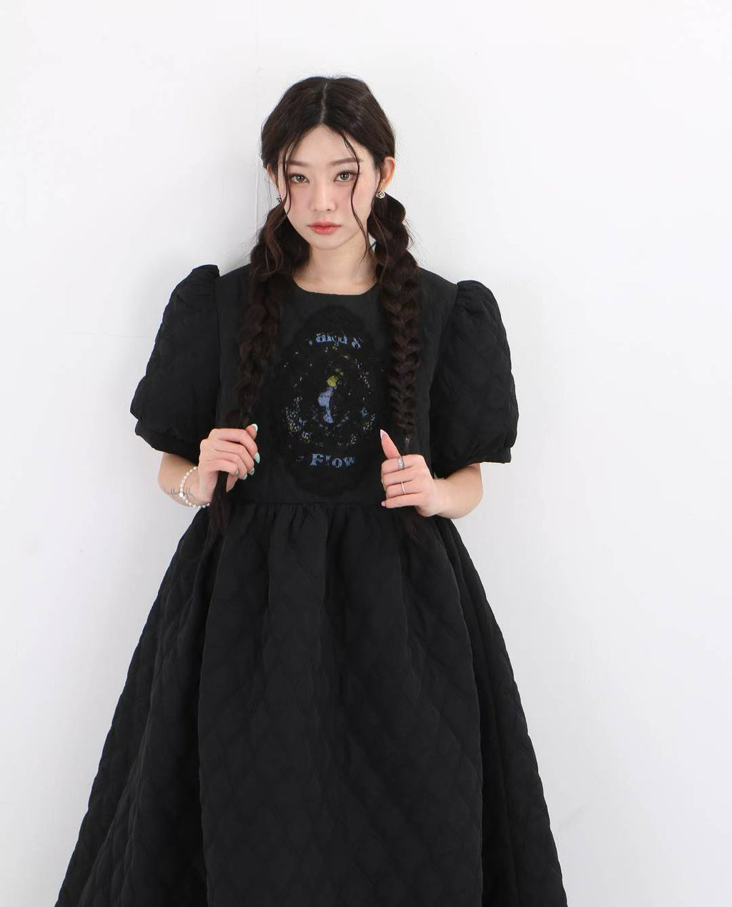 Women's Quilted Embroidered Puff Sleeve Maxi Dress