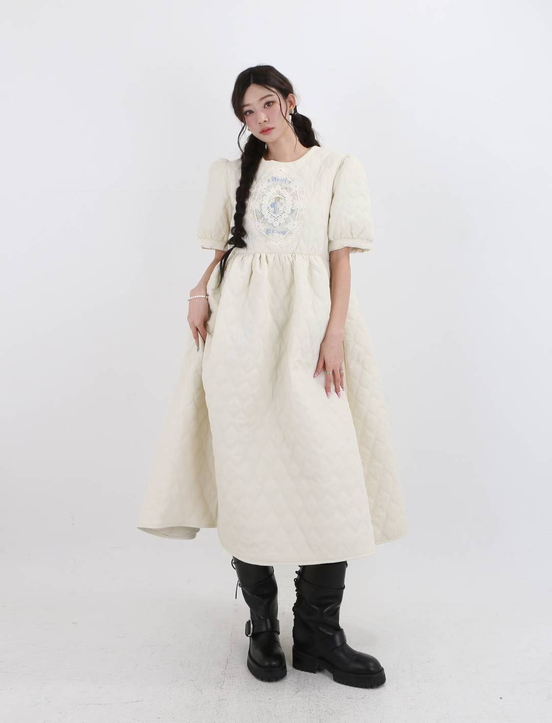Women's Quilted Embroidered Puff Sleeve Maxi Dress