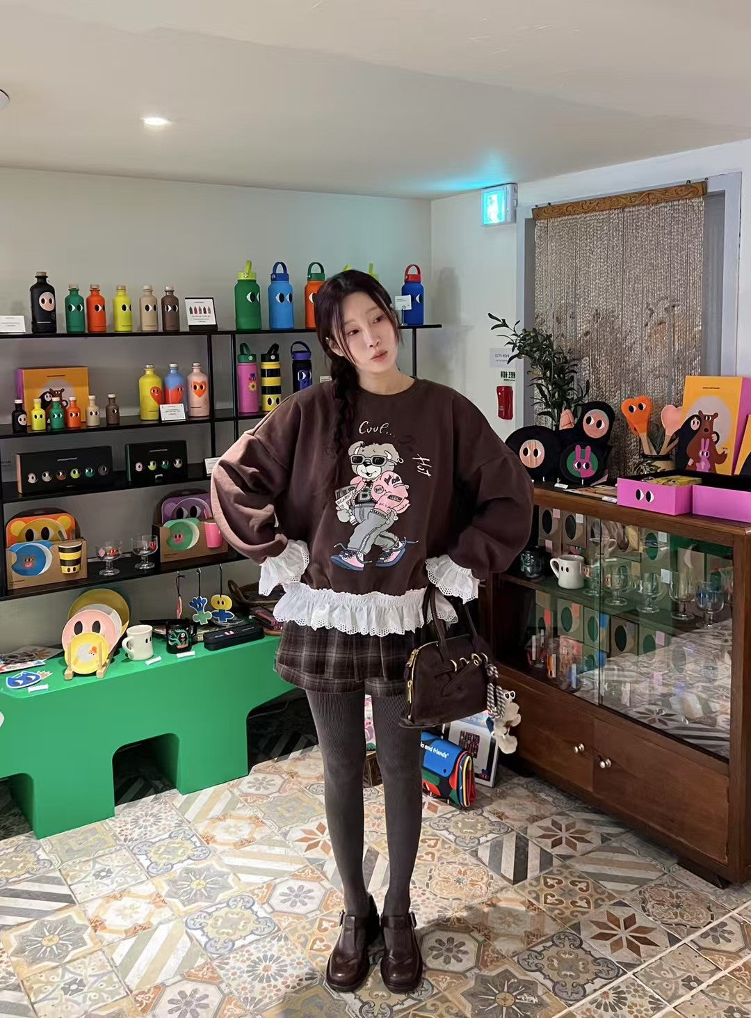 Women's Brushed Fleece Cartoon Print Sweatshirt with Lace Ruffle Trim