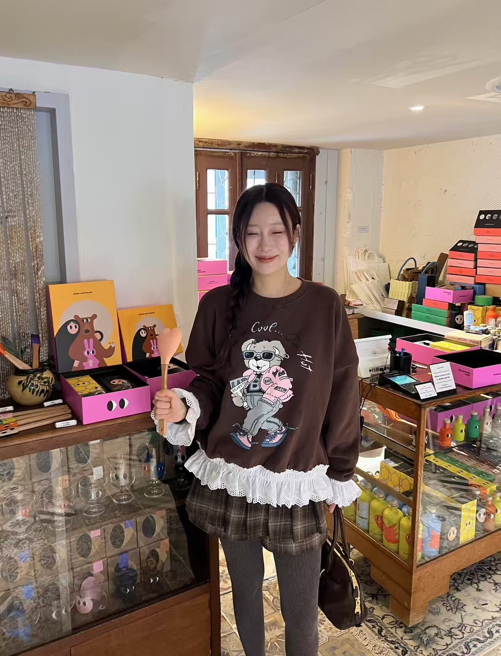 Women's Brushed Fleece Cartoon Print Sweatshirt with Lace Ruffle Trim