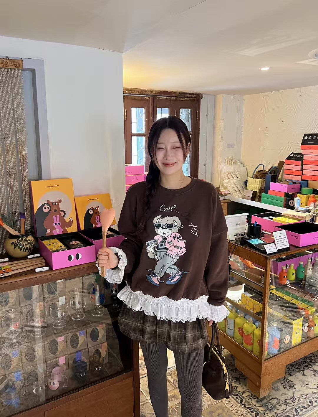 Women's Brushed Fleece Cartoon Print Sweatshirt with Lace Ruffle Trim
