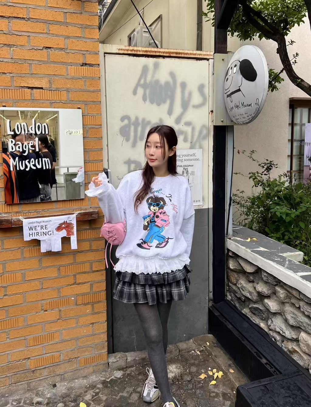 Women's Brushed Fleece Cartoon Print Sweatshirt with Lace Ruffle Trim