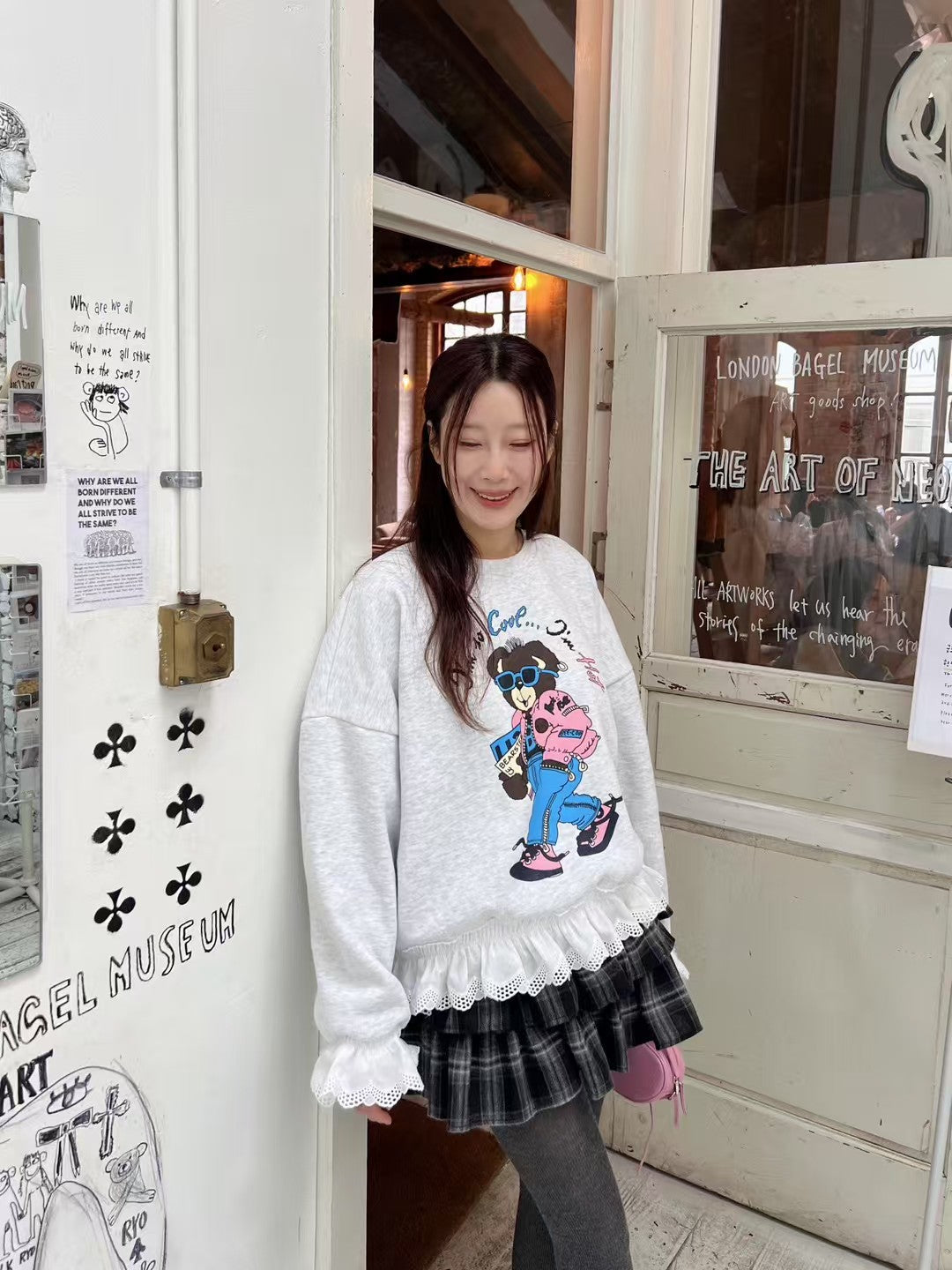 Women's Brushed Fleece Cartoon Print Sweatshirt with Lace Ruffle Trim