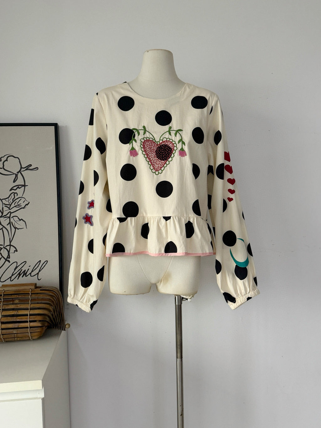 Women's Polka Dot Embroidered Ruffle Blouse