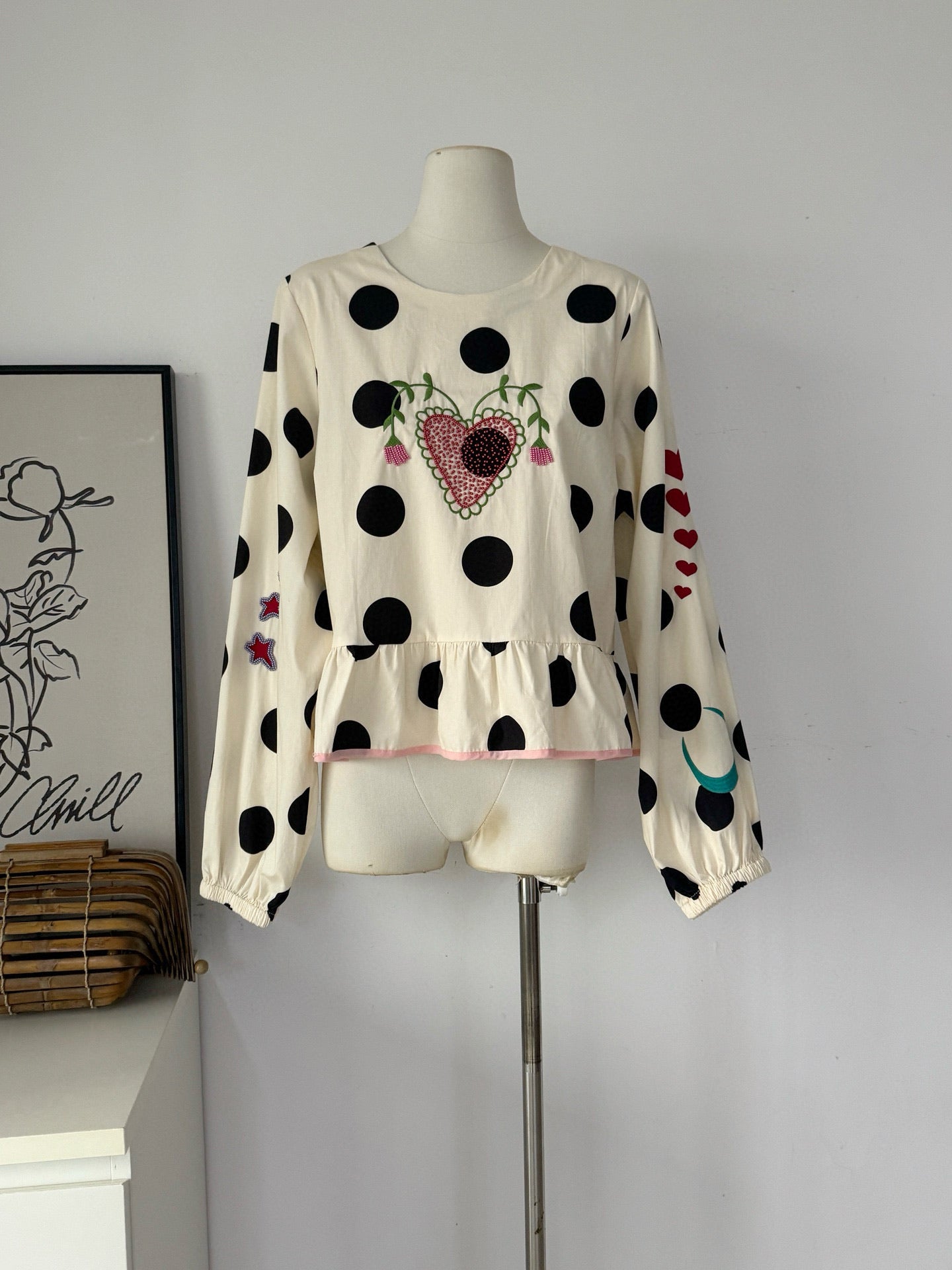 Women's Polka Dot Embroidered Ruffle Blouse