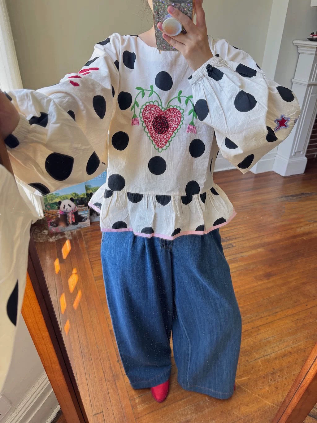 Women's Polka Dot Embroidered Ruffle Blouse