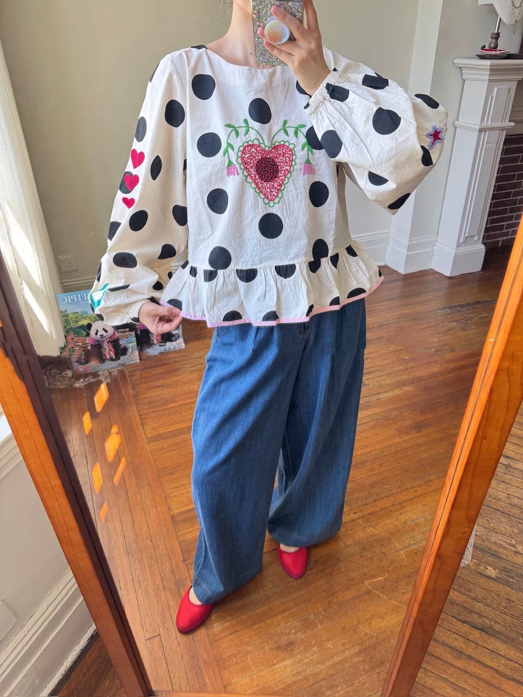 Women's Polka Dot Embroidered Ruffle Blouse