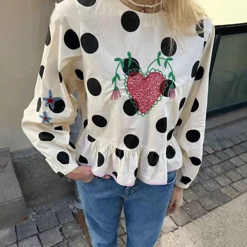 Women's Polka Dot Embroidered Ruffle Blouse