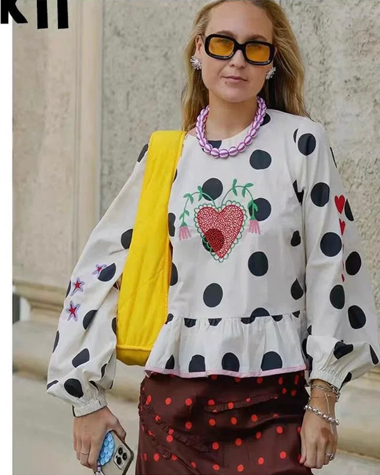 Women's Polka Dot Embroidered Ruffle Blouse