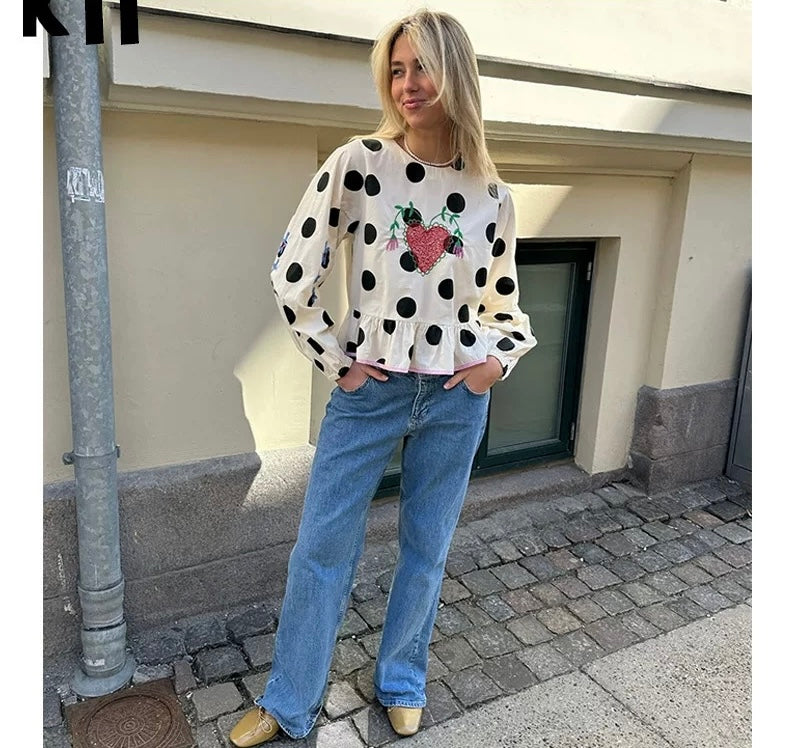 Women's Polka Dot Embroidered Ruffle Blouse