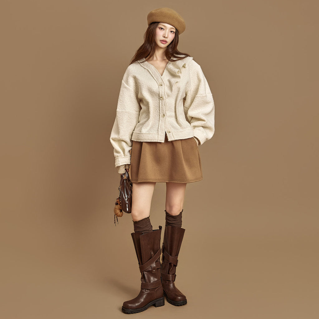 Women's Wool Blend Bouclé Ruffle Collar Cropped Cardigan