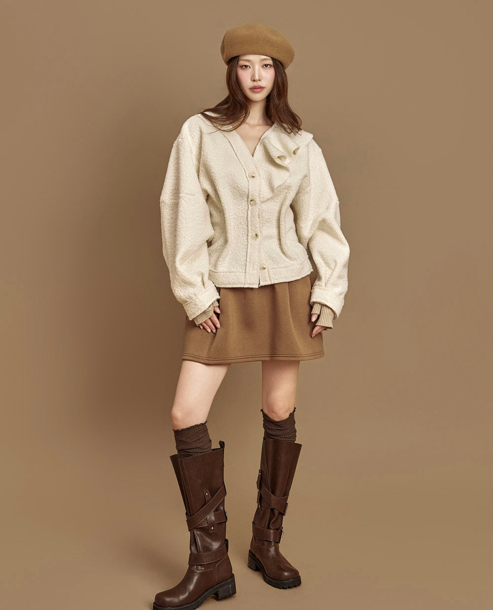 Women's Wool Blend Bouclé Ruffle Collar Cropped Cardigan