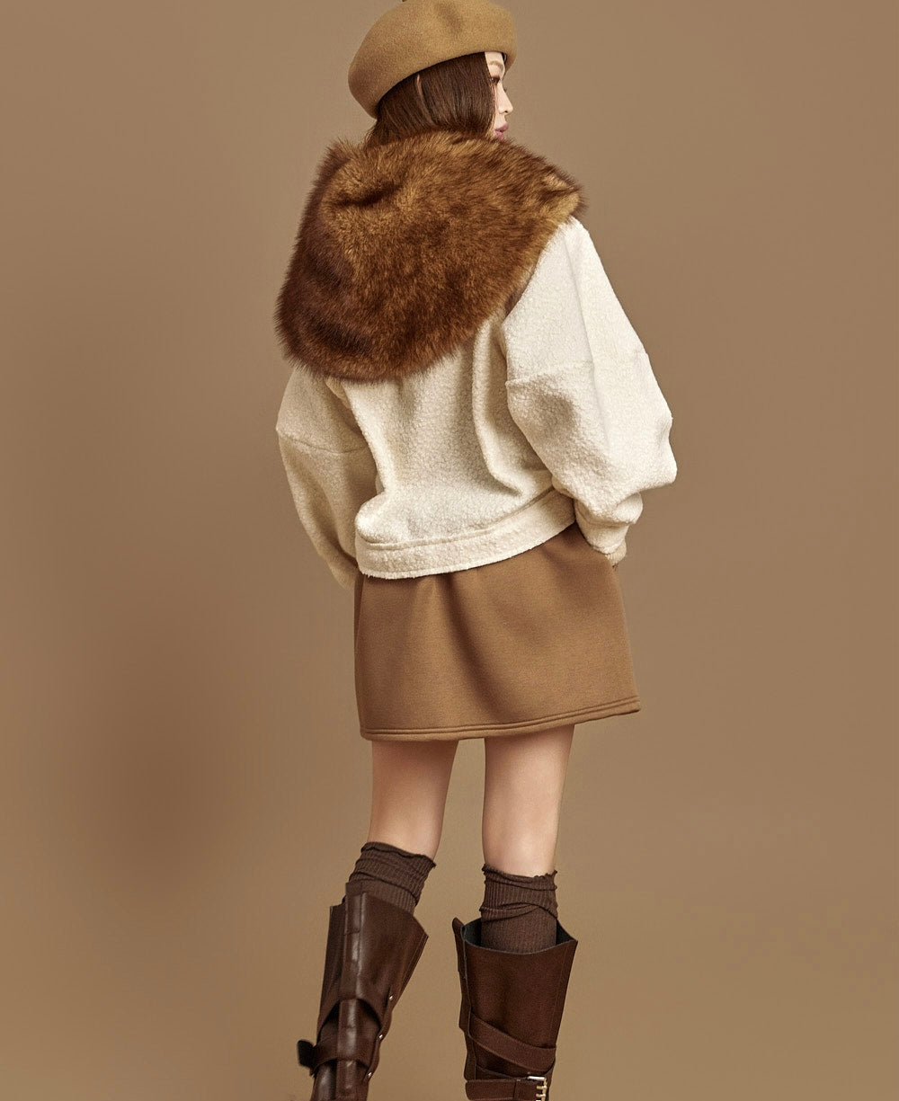 Women's Wool Blend Bouclé Ruffle Collar Cropped Cardigan