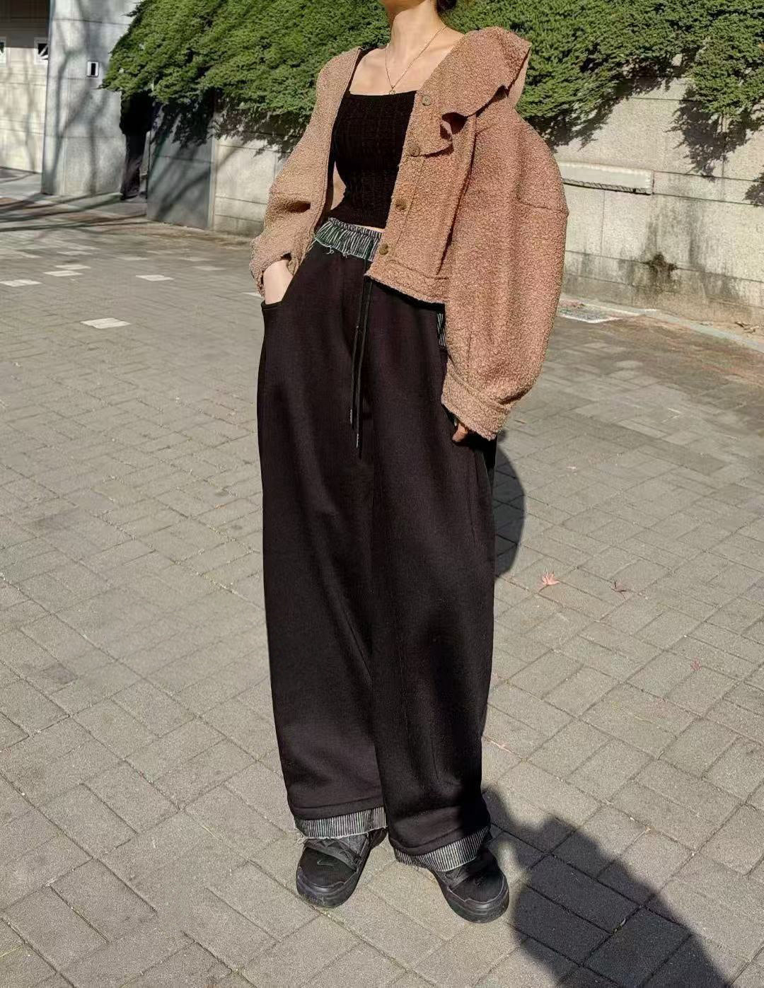 Women's Wool Blend Bouclé Ruffle Collar Cropped Cardigan