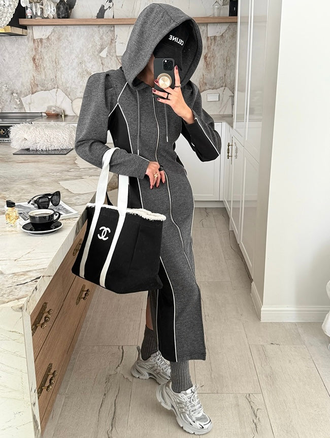 Women's Color-Block Hooded Zip-Up Midi Dress