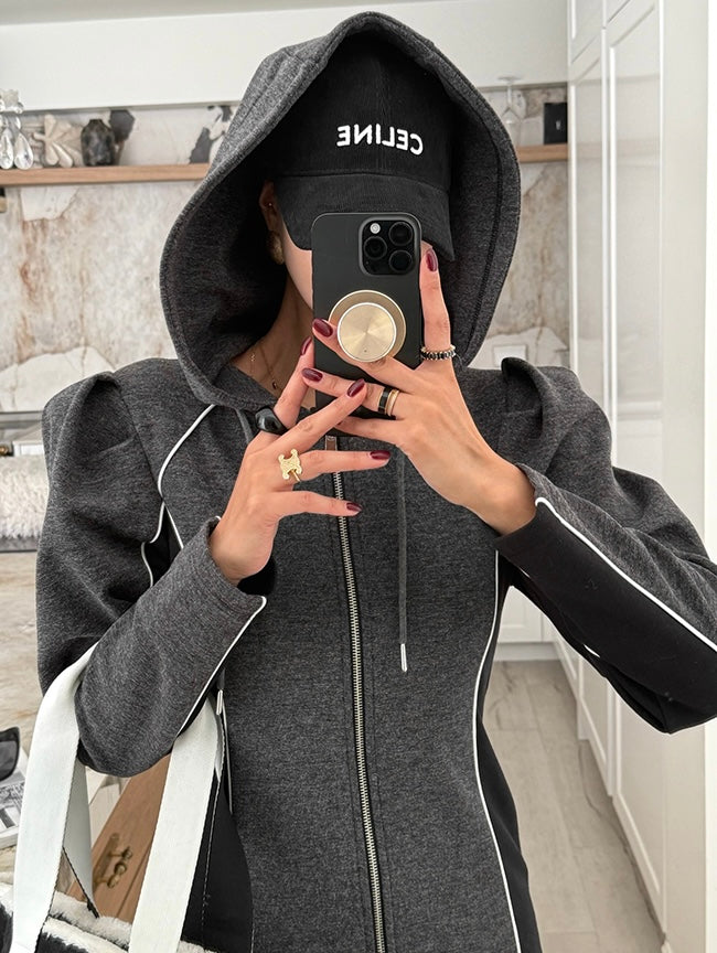 Women's Color-Block Hooded Zip-Up Midi Dress