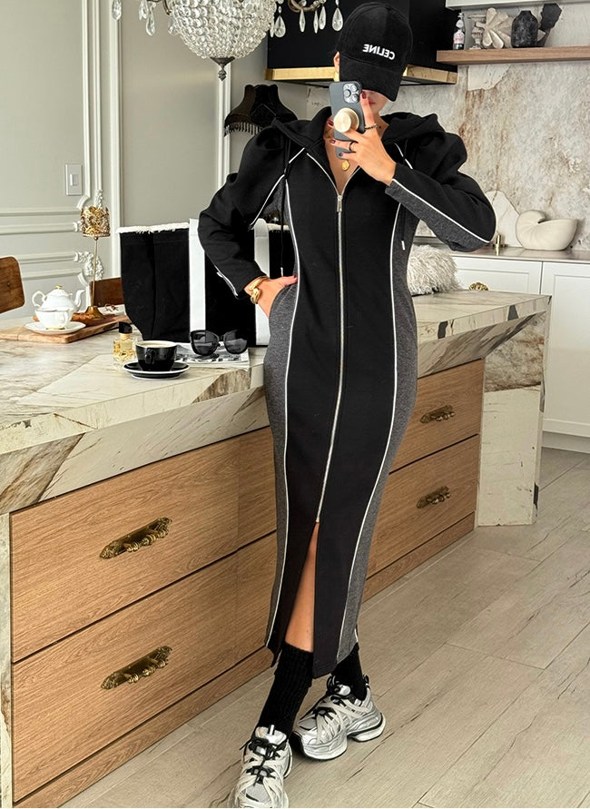 Women's Color-Block Hooded Zip-Up Midi Dress