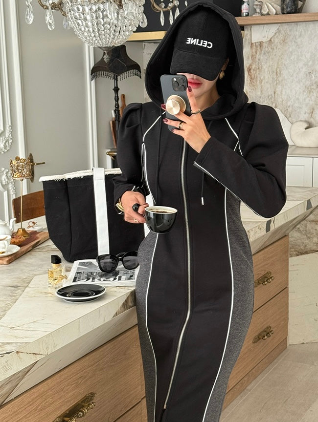 Women's Color-Block Hooded Zip-Up Midi Dress