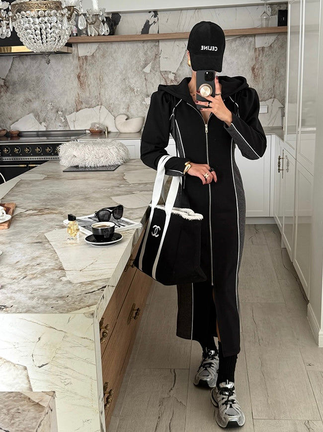 Women's Color-Block Hooded Zip-Up Midi Dress