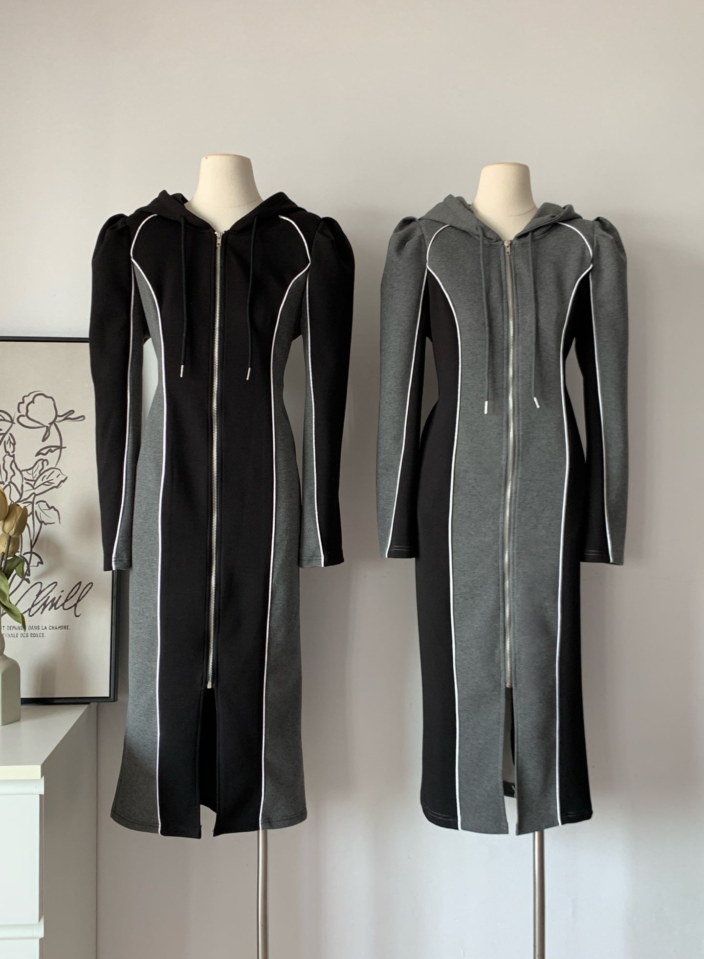 Women's Color-Block Hooded Zip-Up Midi Dress