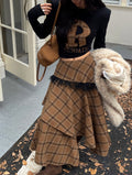 Women's Wool Blend Plaid Ruffle Midi Skirt with Fringe Trim